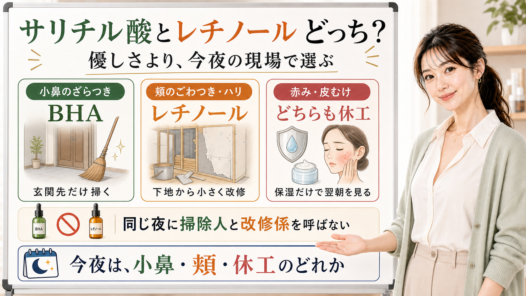 サリチル酸とレチノールを小鼻と頬で選び分ける敏感肌向け図