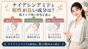 ナイアシンアミドの併用成分を乾き、ハリ、皮脂毛穴で分ける3カード図