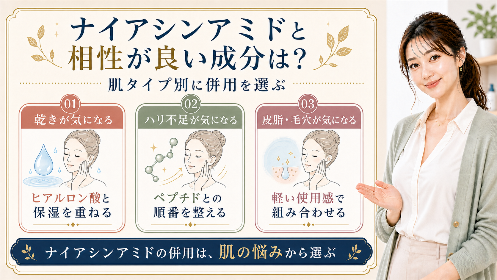 ナイアシンアミドの併用成分を乾き、ハリ、皮脂毛穴で分ける3カード図