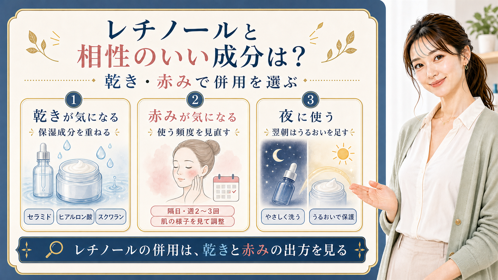 レチノールの併用成分を乾き、赤み、夜の使い方で分ける3カード図