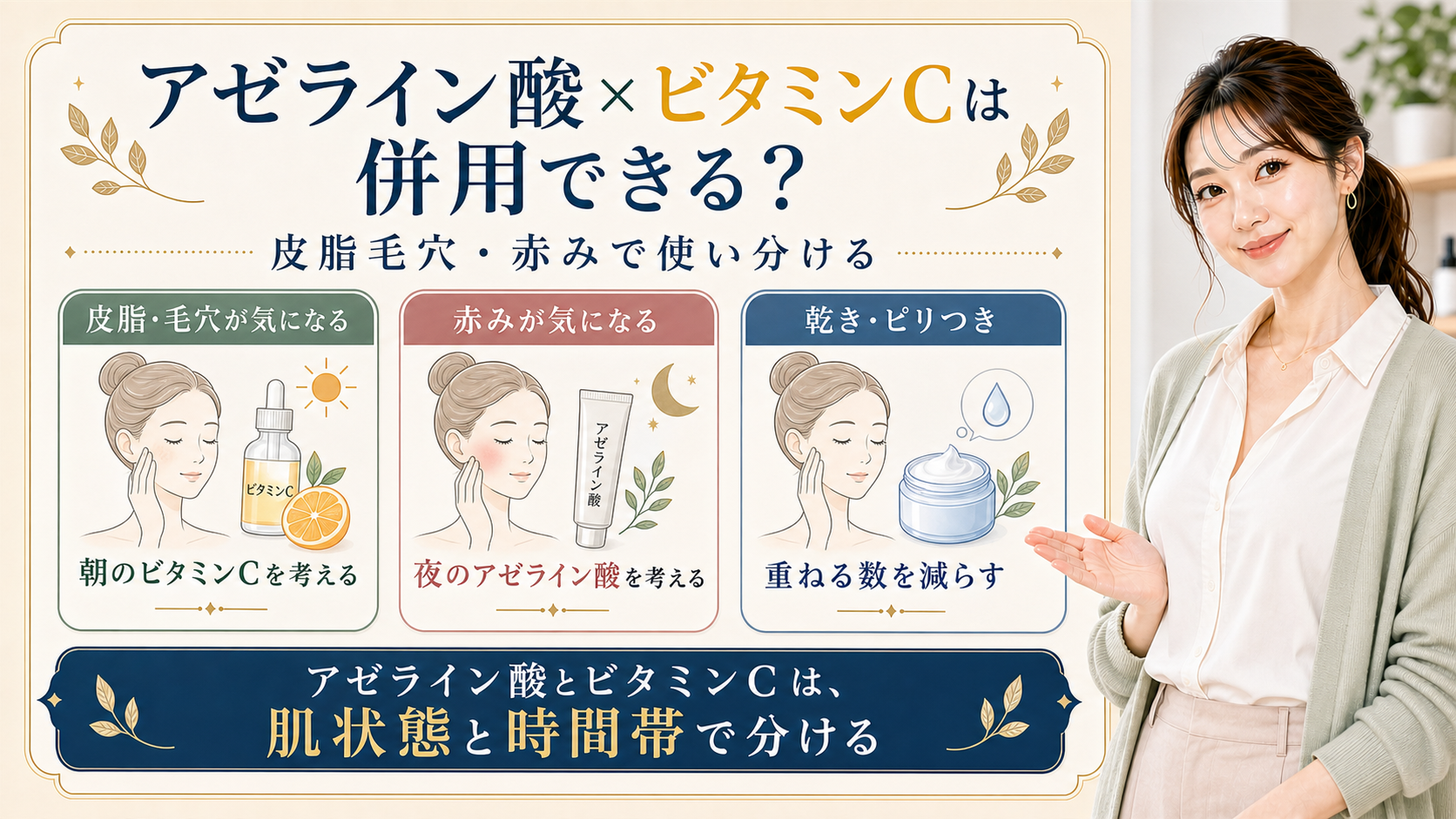 アゼライン酸とビタミンCの併用を皮脂毛穴、赤み、乾きで分ける3カード図
