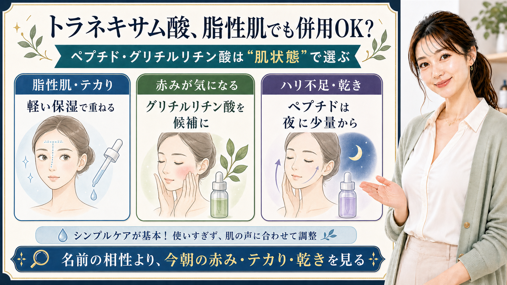 トラネキサム酸を脂性肌・赤み・乾きで併用判断する美容解説ボード