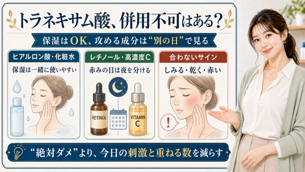 トラネキサム酸の併用不可と保湿・レチノールの分け方を説明する美容解説ボード