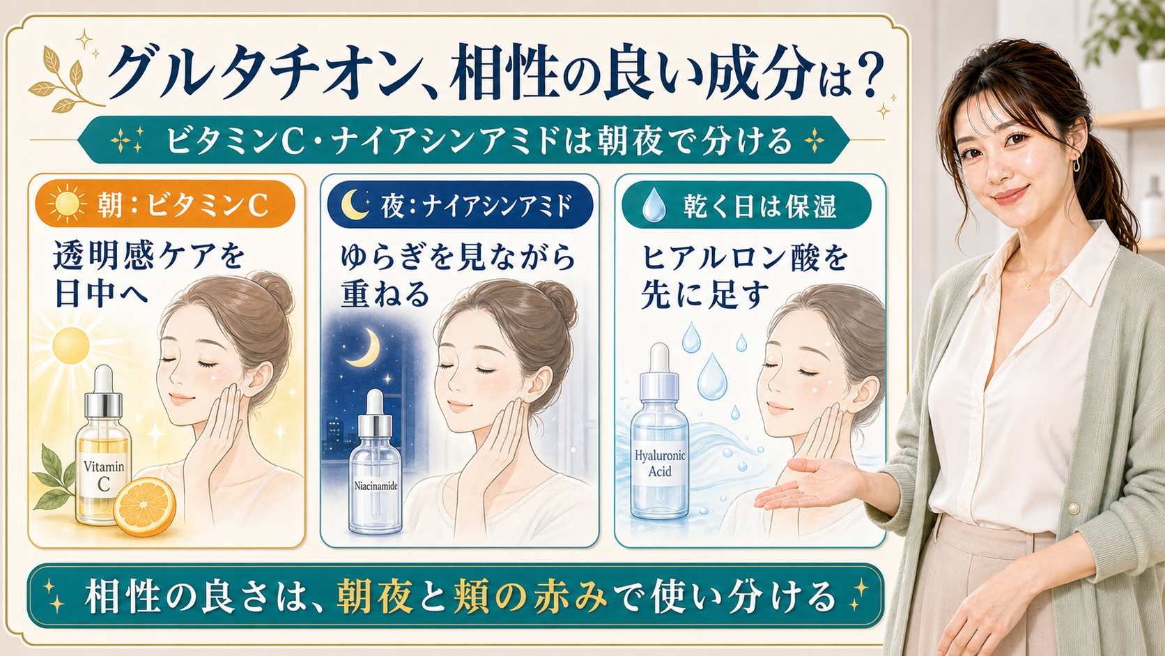 グルタチオンと相性の良い成分を朝夜で分けて説明する美容解説ボード