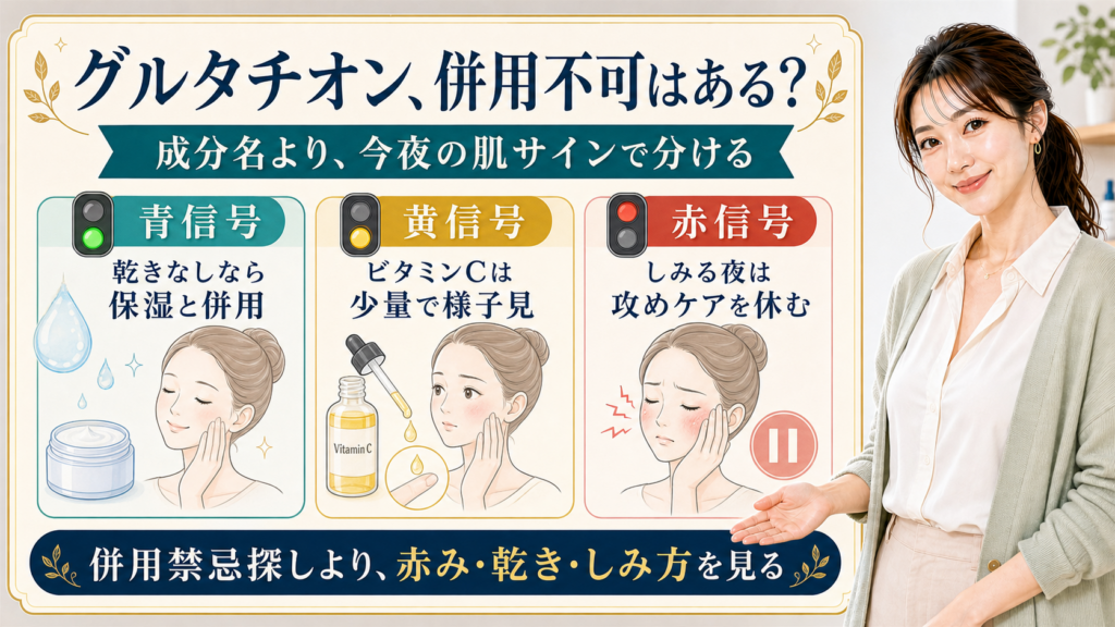グルタチオンの併用不可を肌サインで分ける美容解説ボード