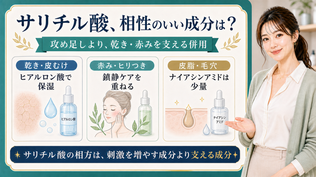サリチル酸と相性のいい保湿・鎮静・ナイアシンアミドを説明する美容解説ボード