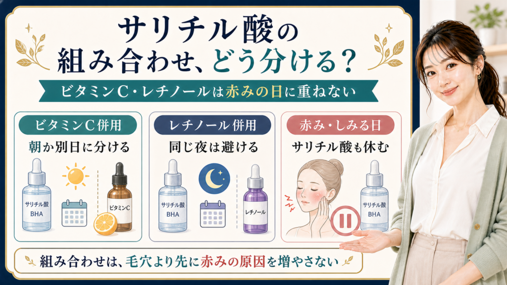サリチル酸とビタミンC・レチノールの組み合わせを分ける美容解説ボード