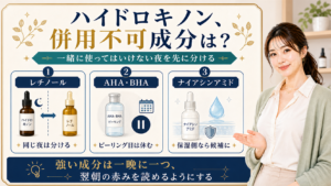 ハイドロキノンの併用不可成分とレチノール・AHA/BHA・ナイアシンアミドの分け方を説明する美容解説ボード