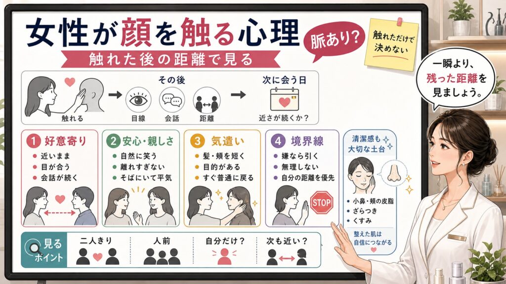 女性が相手の顔を触る心理を、触れた後の距離・目線・会話・境界線で見ることを大判ボードと女性解説者で示したアイキャッチ