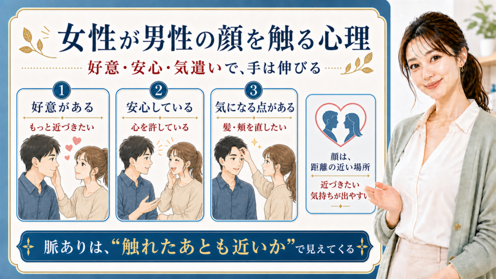 女性が男性の顔を触る心理を、好意・安心・気遣いの3つに分けて示すビューティーボード