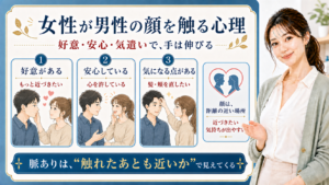 女性が男性の顔を触る心理を、好意・安心・気遣いの3つに分けて示すビューティーボード
