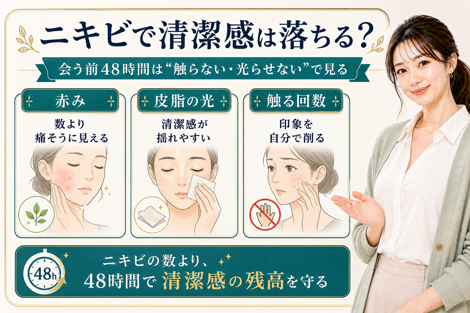 ニキビの印象と清潔感を赤み・皮脂の光・触る回数で説明する美容解説ボード