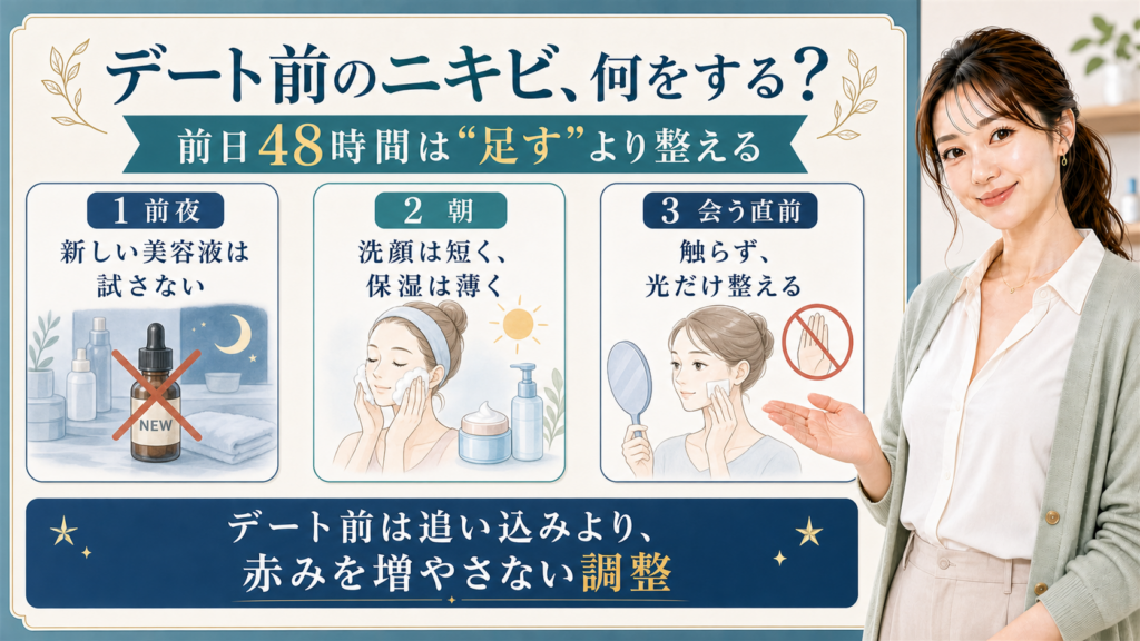 デート前のニキビを前夜・朝・会う直前の48時間で整える解説ボード