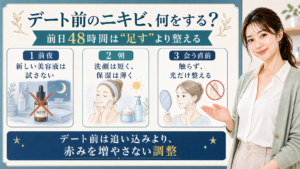 デート前のニキビを前夜・朝・会う直前の48時間で整える解説ボード