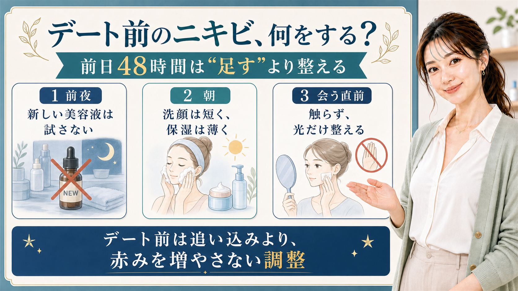 デート前のニキビを前夜・朝・会う直前の48時間で整える解説ボード