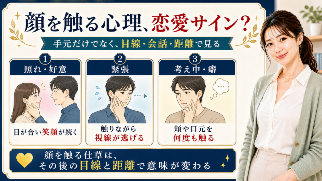 顔を触る心理を照れ・緊張・考え中で見分ける恋愛解説ボード