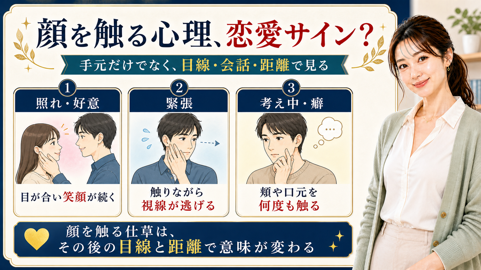 顔を触る心理を照れ・緊張・考え中で見分ける恋愛解説ボード