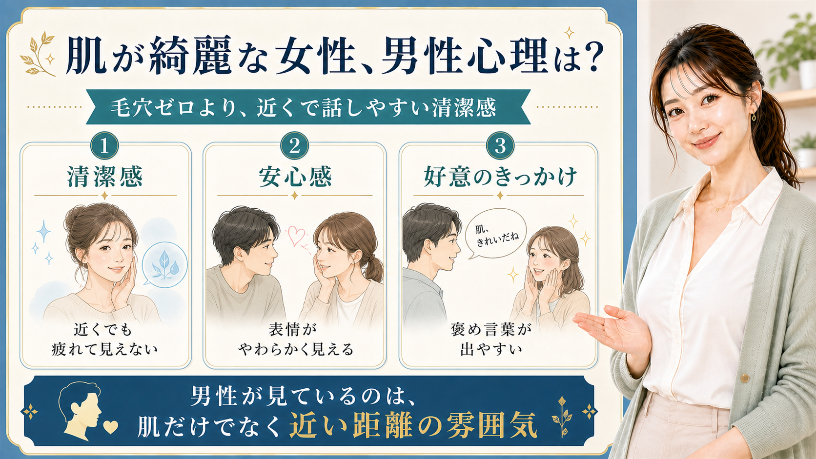 肌が綺麗な女性への男性心理を清潔感・安心感・好意のきっかけで説明する解説ボード
