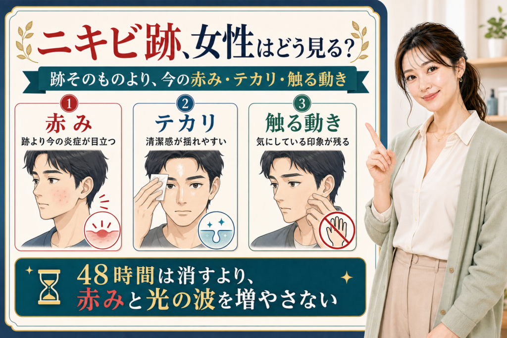 ニキビ跡を女性がどう見るかを赤み・テカリ・触る動きで説明する解説ボード