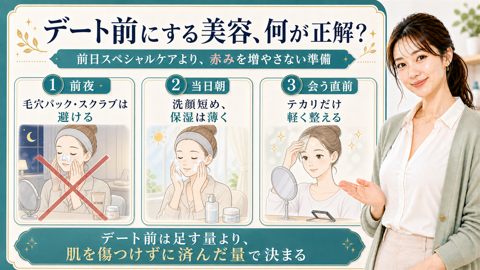 デート前にする美容を前夜・当日朝・会う直前で説明する美容解説ボード