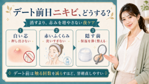 デート前日ニキビを白い芯・赤いふくらみ・隠す前で説明する美容解説ボード