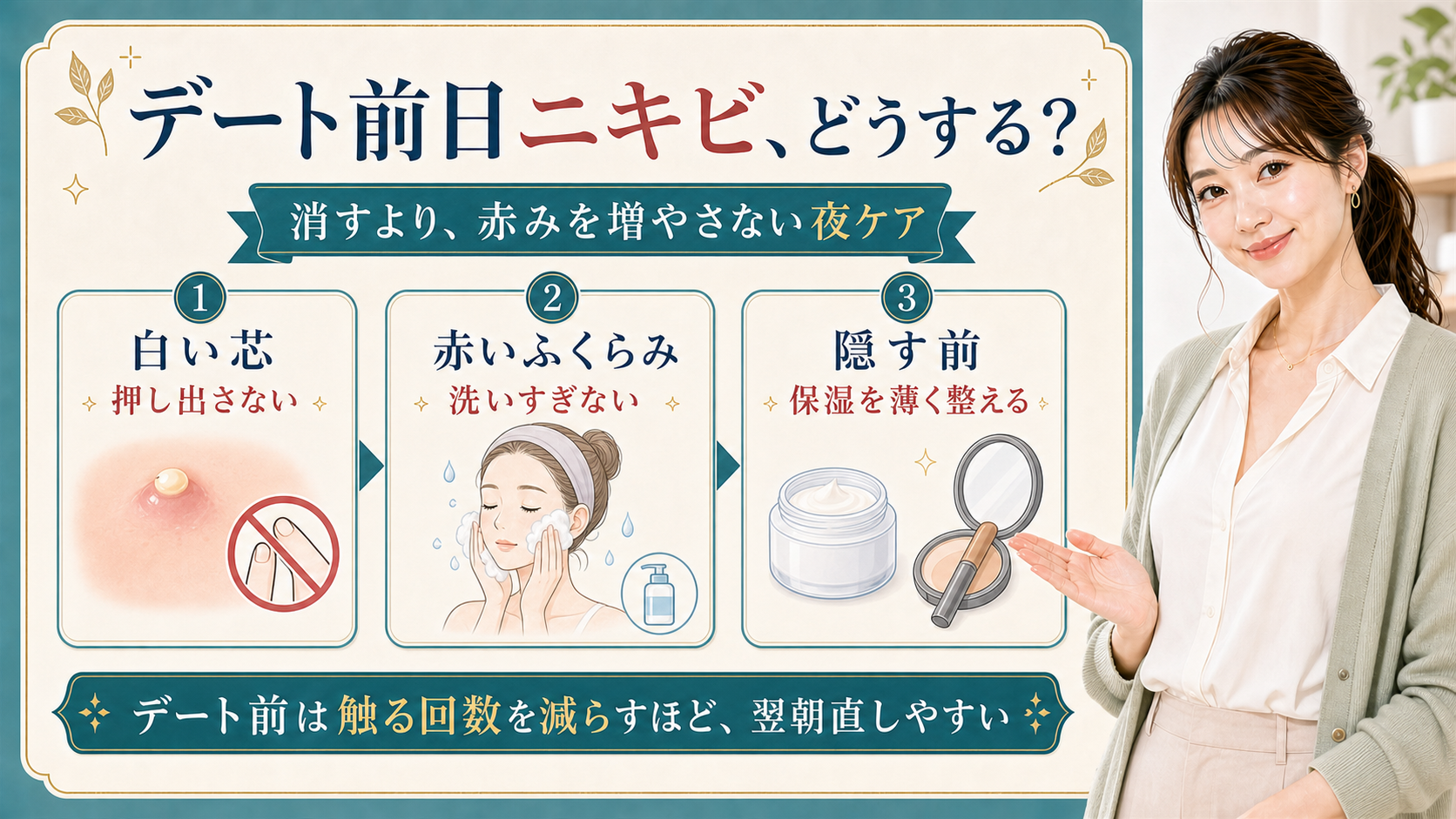 デート前日ニキビを白い芯・赤いふくらみ・隠す前で説明する美容解説ボード