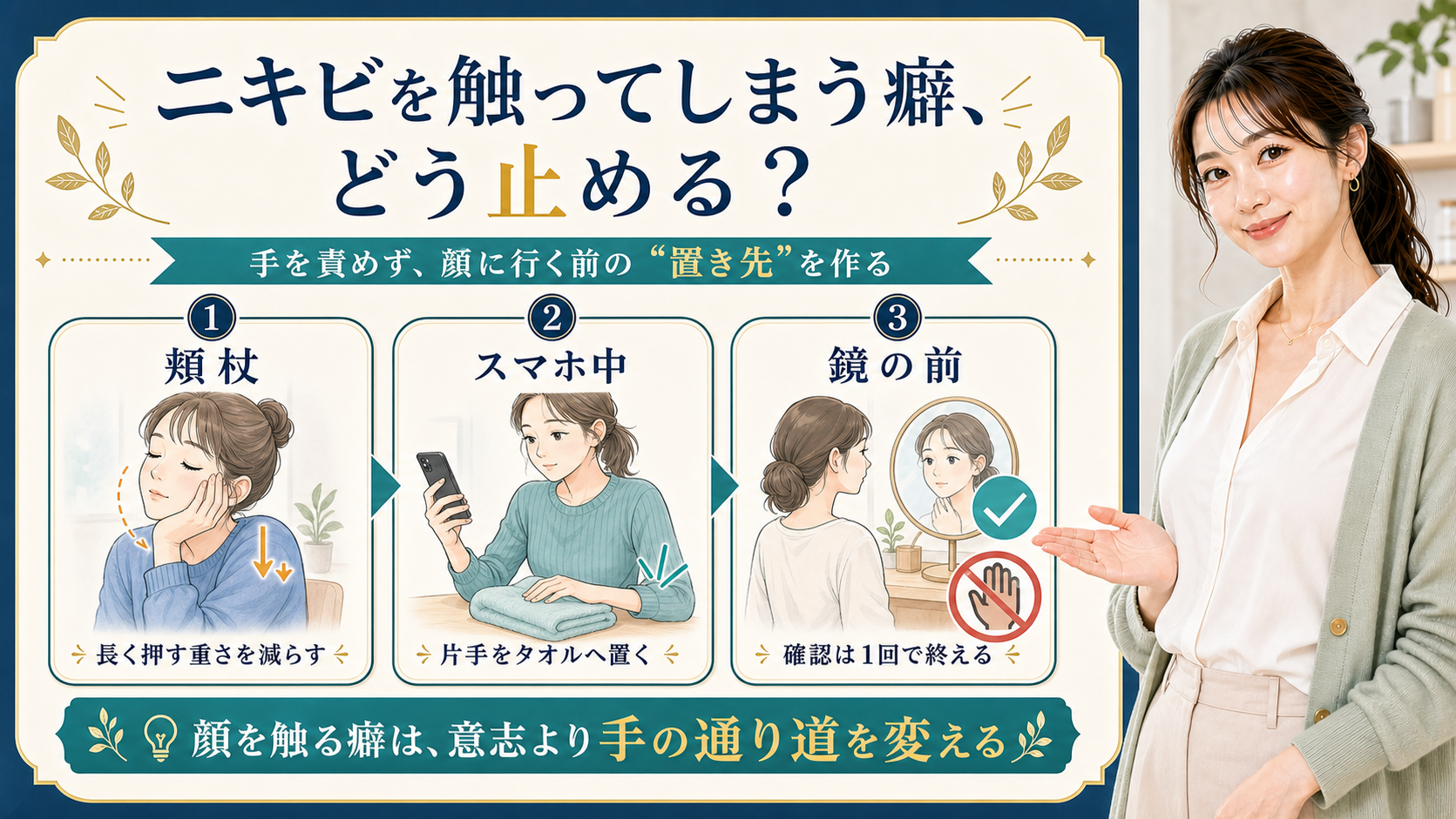 ニキビを触ってしまう癖を頬杖・スマホ中・鏡の前で置き換える美容解説ボード