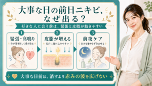 大事な日の前日ニキビを緊張・皮脂・前夜ケアで説明する美容解説ボード