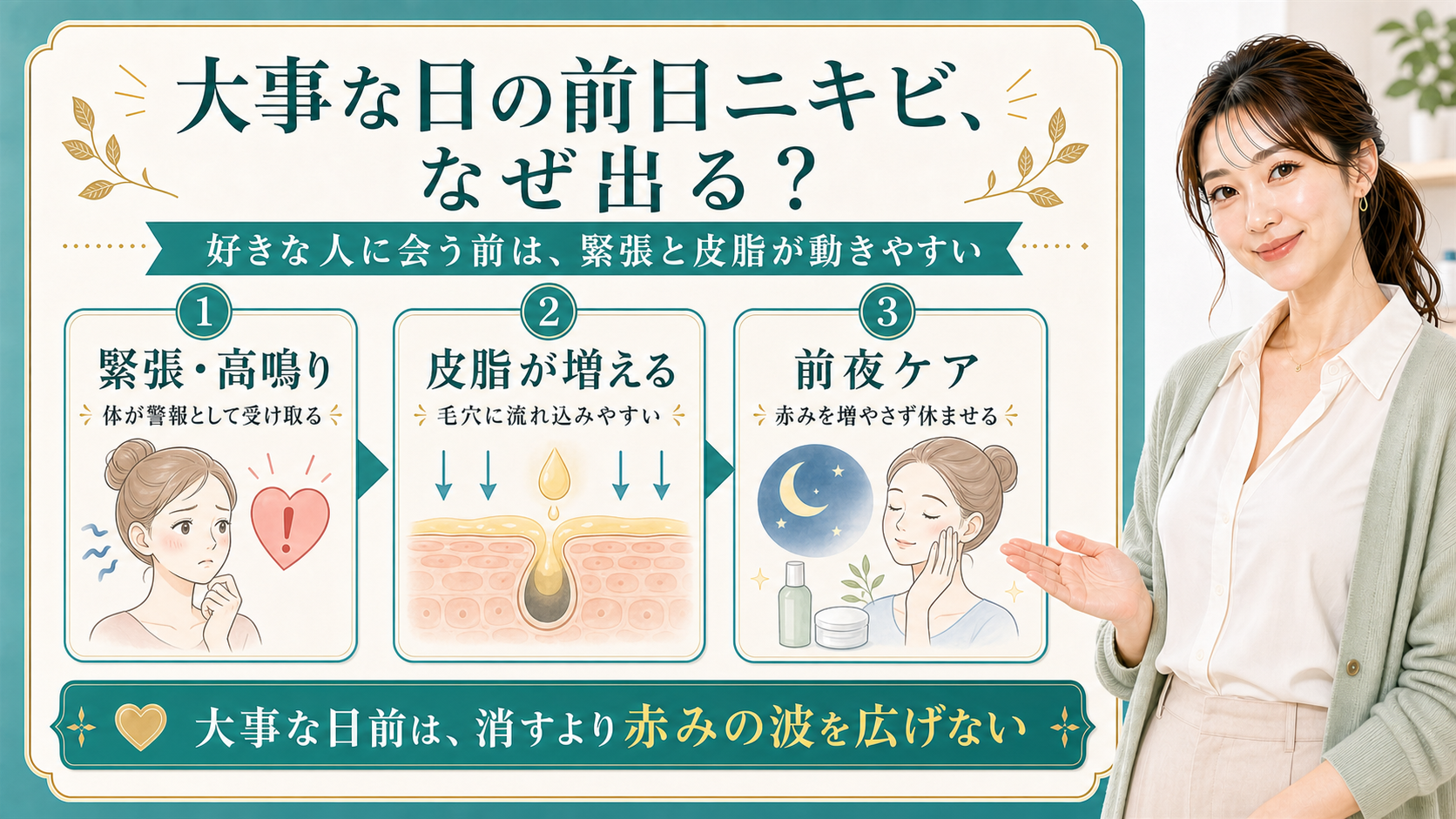 大事な日の前日ニキビを緊張・皮脂・前夜ケアで説明する美容解説ボード