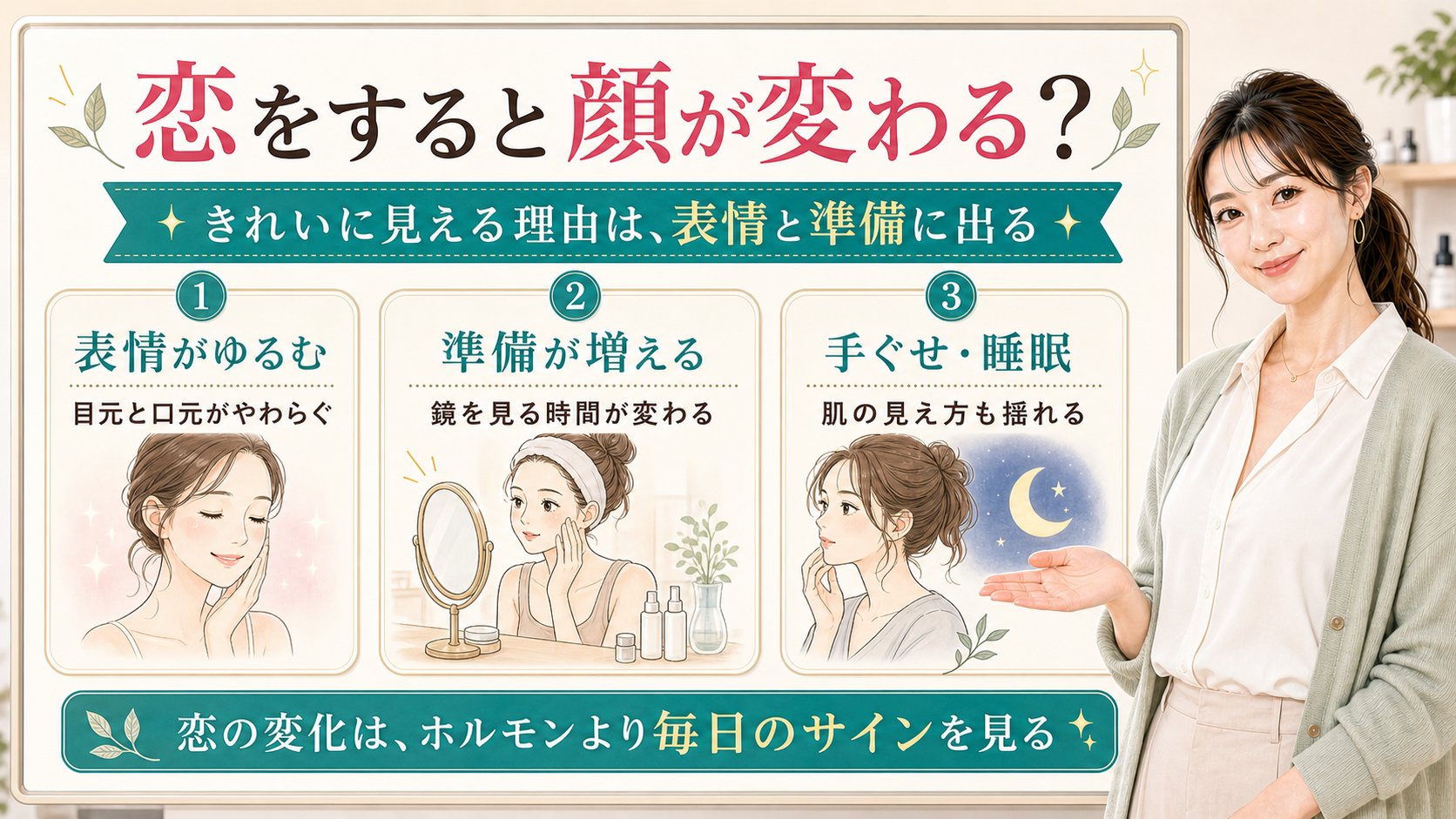 恋をすると顔が変わる理由を表情・準備・手ぐせ睡眠で説明する美容解説ボード