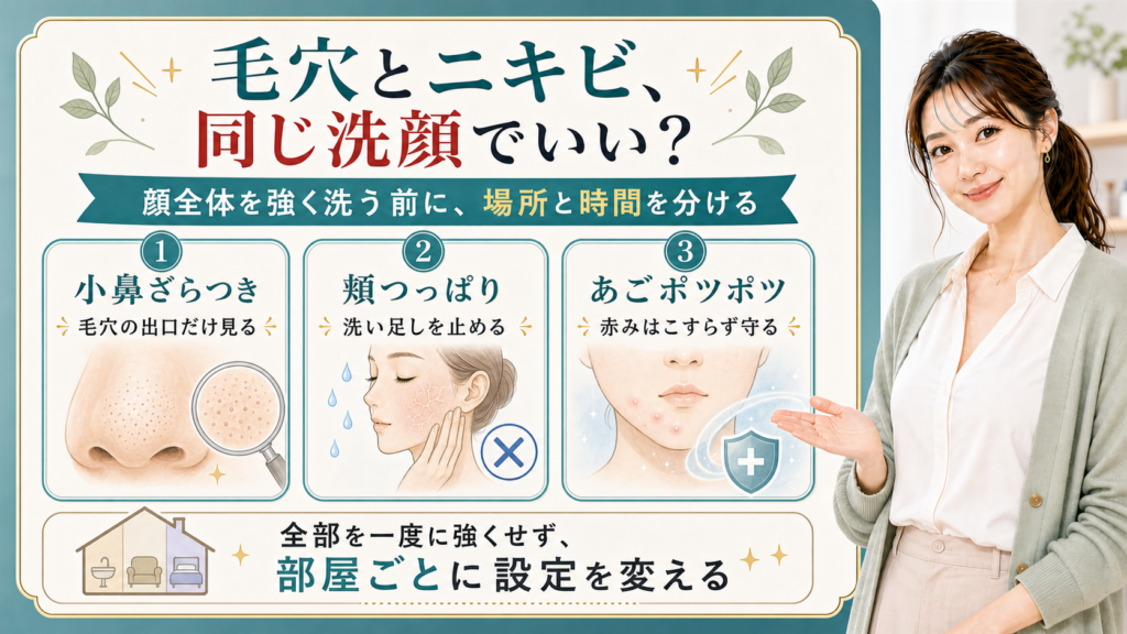 毛穴とニキビを小鼻ざらつき・頬つっぱり・あごポツポツで説明する美容解説ボード
