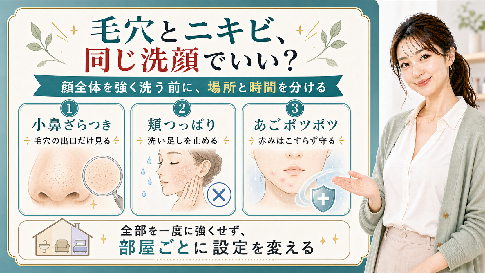 毛穴とニキビを小鼻ざらつき・頬つっぱり・あごポツポツで説明する美容解説ボード