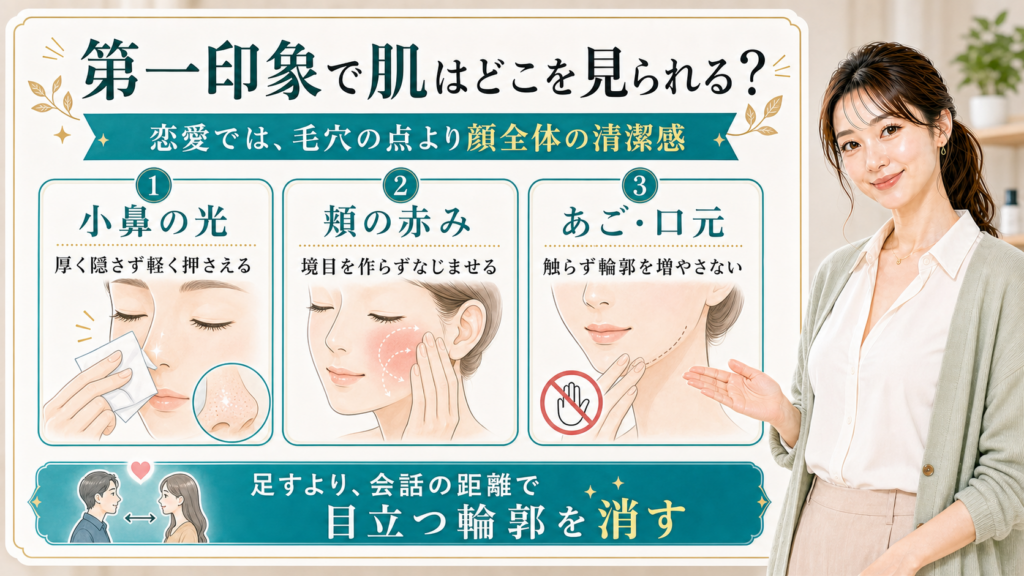 第一印象で肌を見られる場所を小鼻の光・頬の赤み・あご口元で説明する美容解説ボード