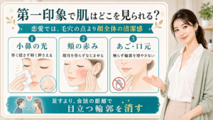 第一印象で肌を見られる場所を小鼻の光・頬の赤み・あご口元で説明する美容解説ボード