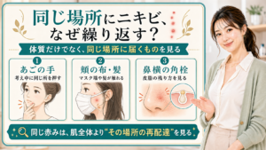 同じ場所にニキビが繰り返す理由をあごの手・頬の布髪・鼻横の角栓で説明する美容解説ボード