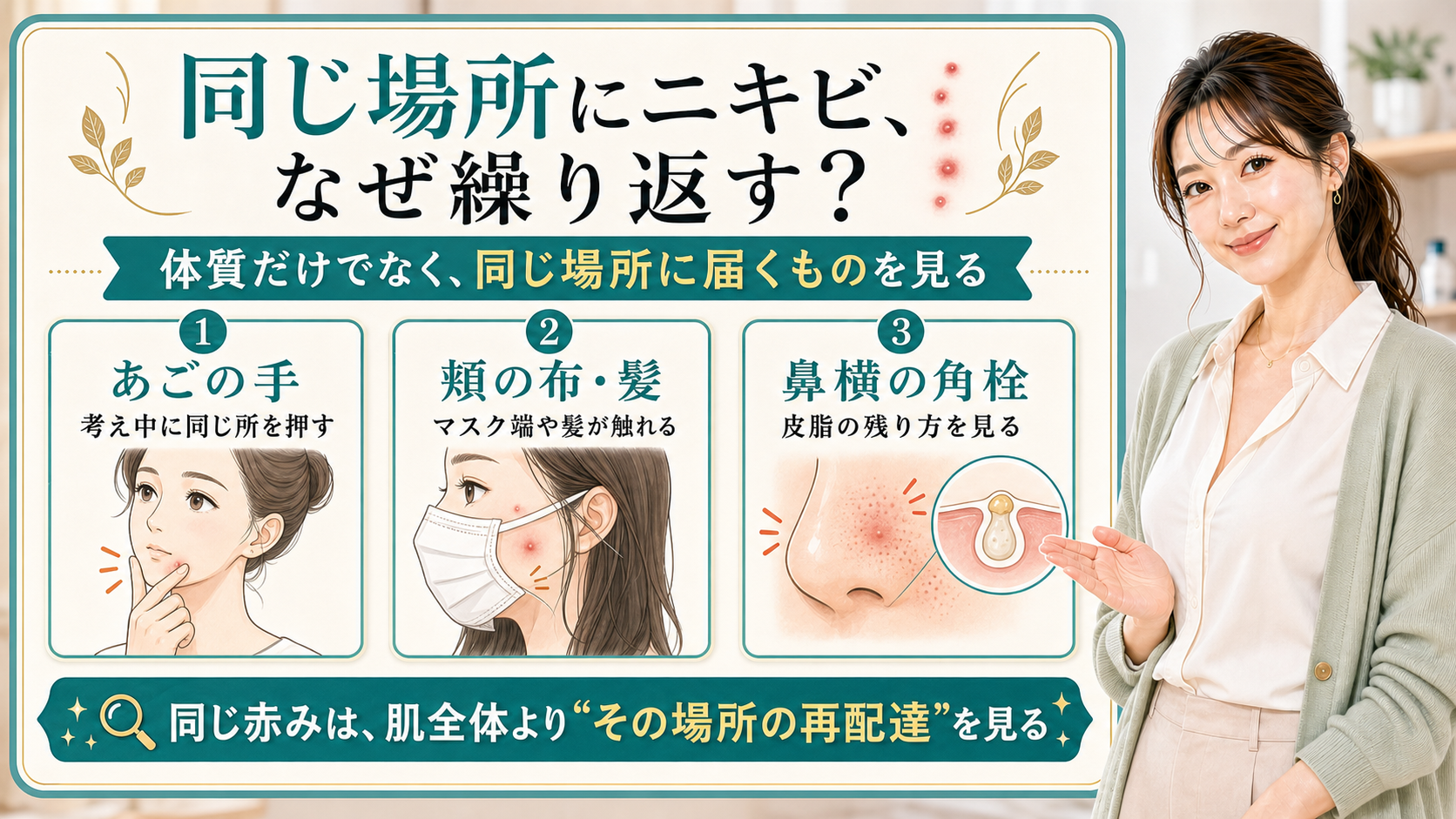 同じ場所にニキビが繰り返す理由をあごの手・頬の布髪・鼻横の角栓で説明する美容解説ボード