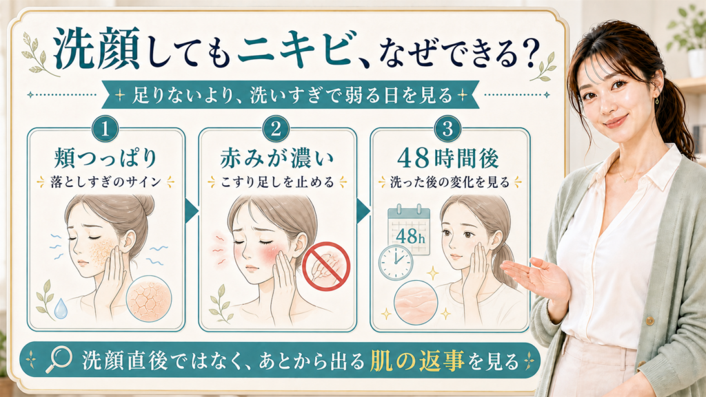洗顔してもニキビができる理由を頬つっぱり・赤み・48時間後で説明する美容解説ボード