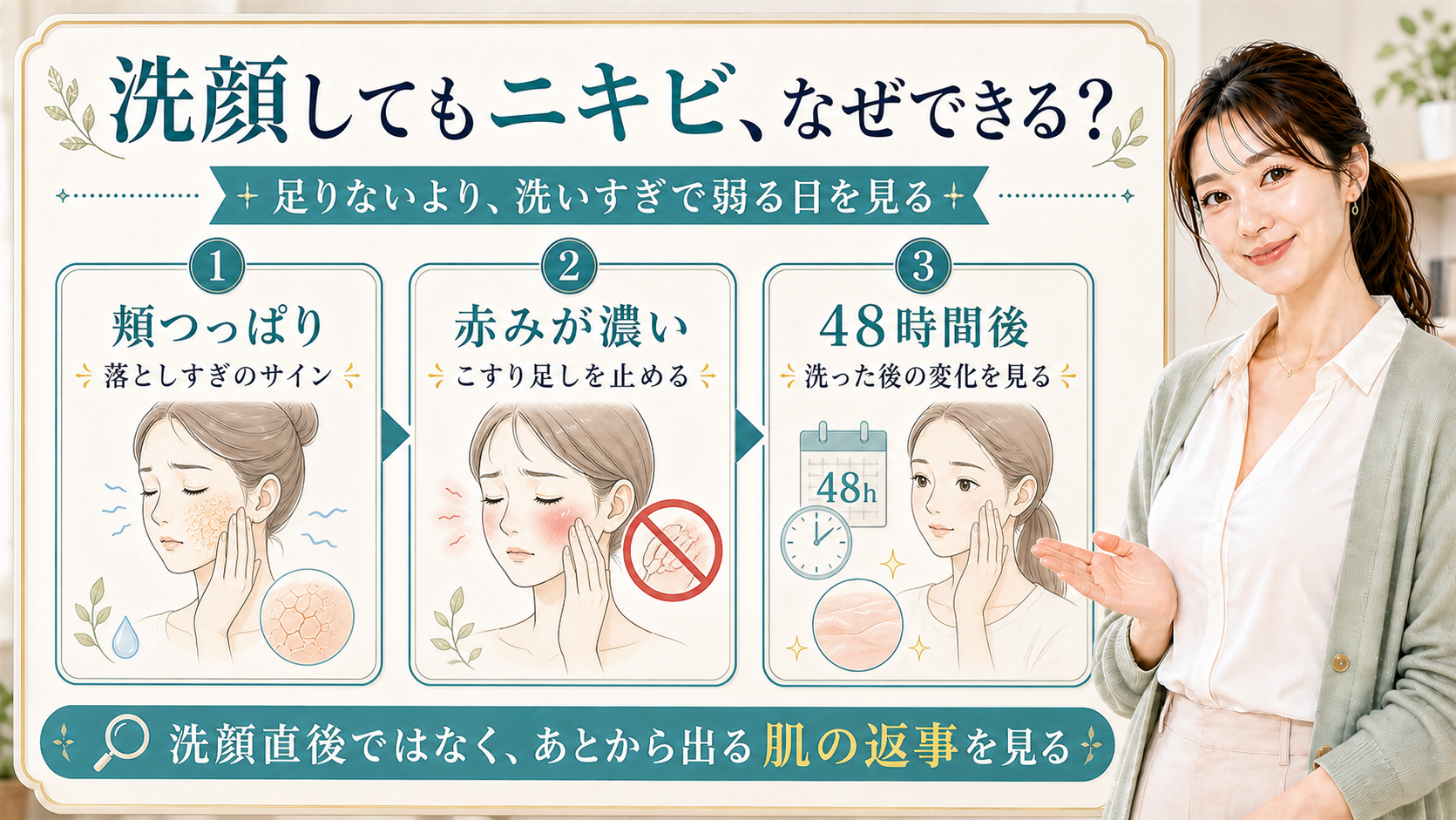 洗顔してもニキビができる理由を頬つっぱり・赤み・48時間後で説明する美容解説ボード