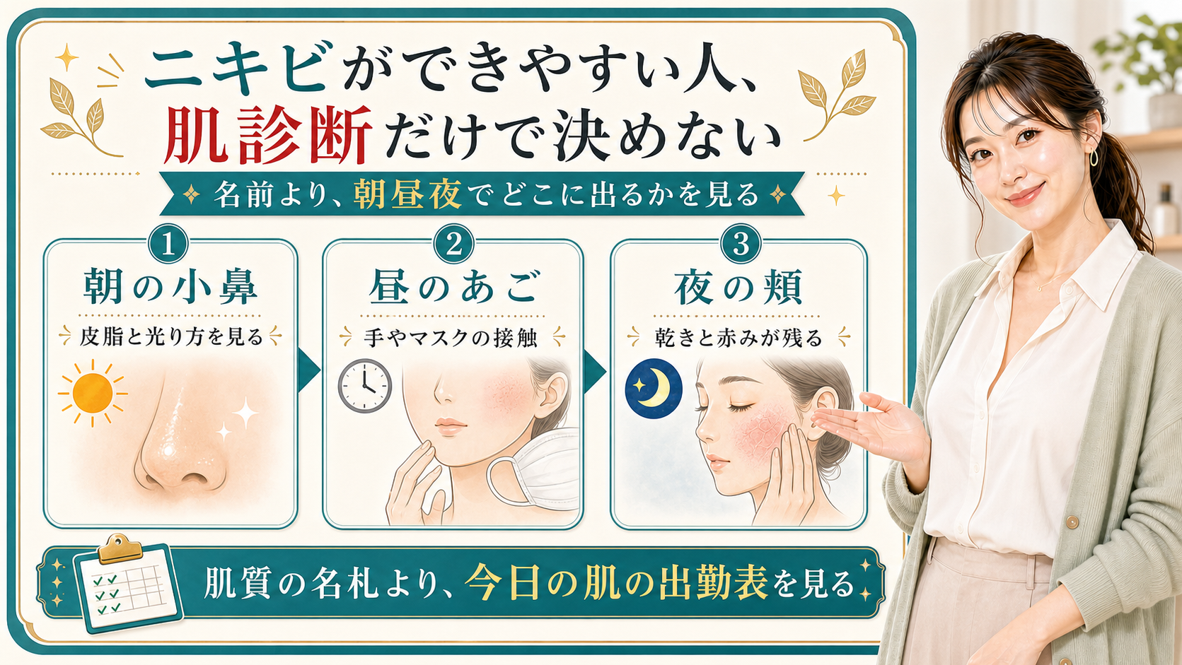 ニキビができやすい人を肌診断だけでなく朝の小鼻・昼のあご・夜の頬で説明する美容解説ボード