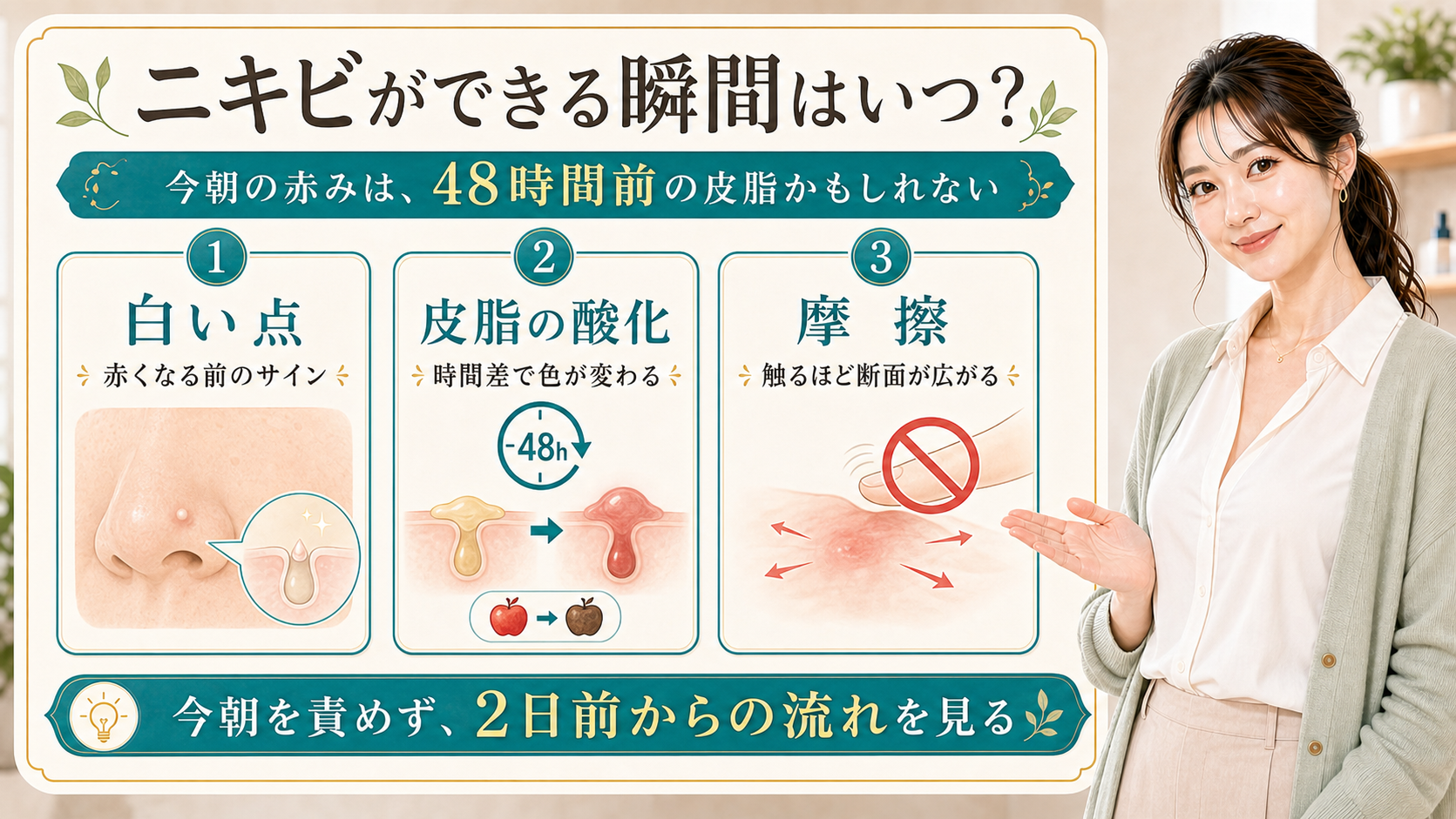 ニキビができる瞬間を白い点・皮脂の酸化・摩擦で説明する美容解説ボード