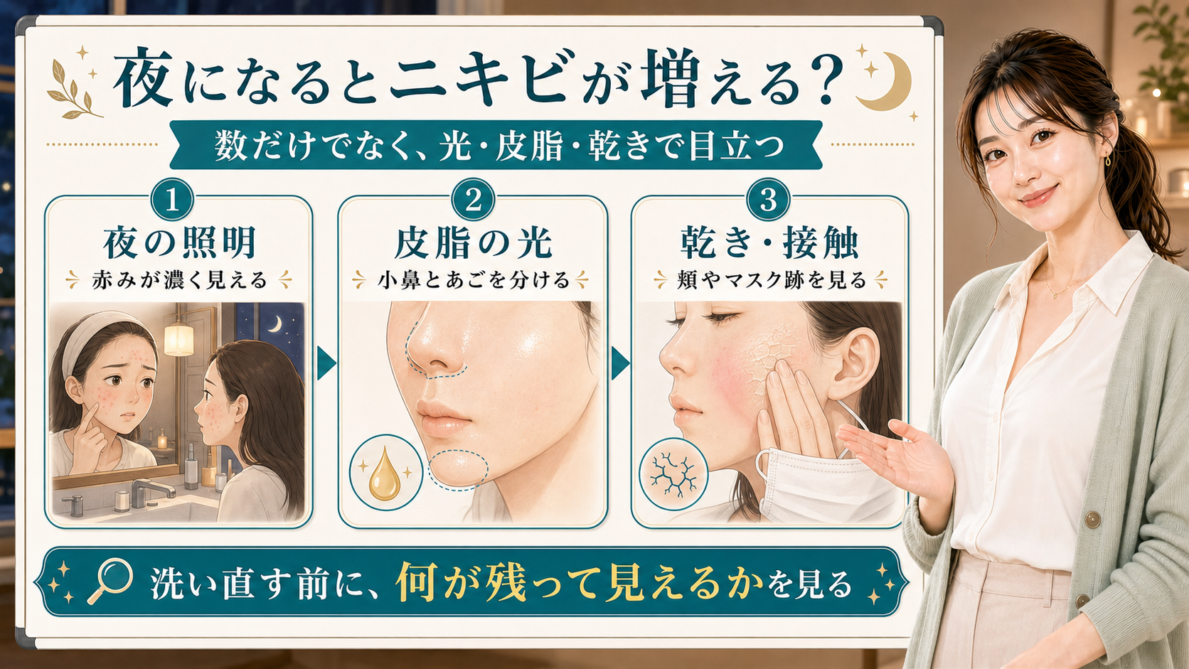 夜になるとニキビが増える理由を夜の照明・皮脂の光・乾き接触で説明する美容解説ボード