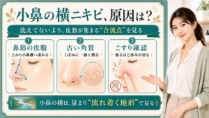 小鼻の横ニキビの原因を鼻筋の皮脂・古い角質・こすり確認で説明する美容解説ボード