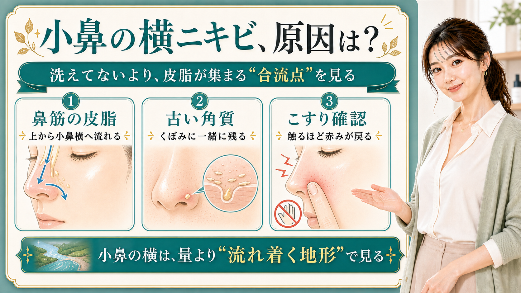 小鼻の横ニキビの原因を鼻筋の皮脂・古い角質・こすり確認で説明する美容解説ボード