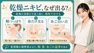 乾燥ニキビの原因を頬つっぱり・鼻だけ光る・あご白い点で説明する美容解説ボード