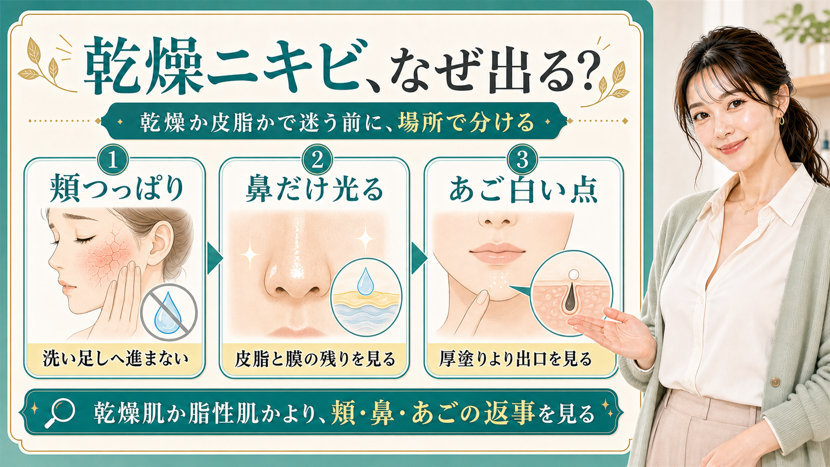 乾燥ニキビの原因を頬つっぱり・鼻だけ光る・あご白い点で説明する美容解説ボード