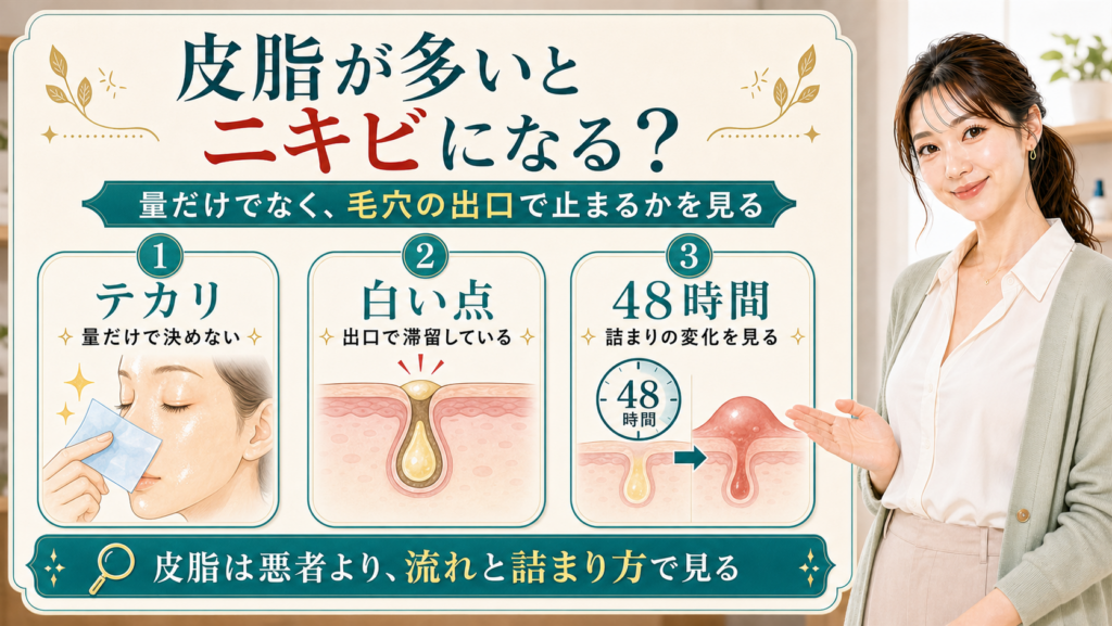 皮脂が多いとニキビになるかをテカリ・白い点・48時間で説明する美容解説ボード