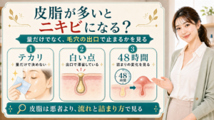 皮脂が多いとニキビになるかをテカリ・白い点・48時間で説明する美容解説ボード