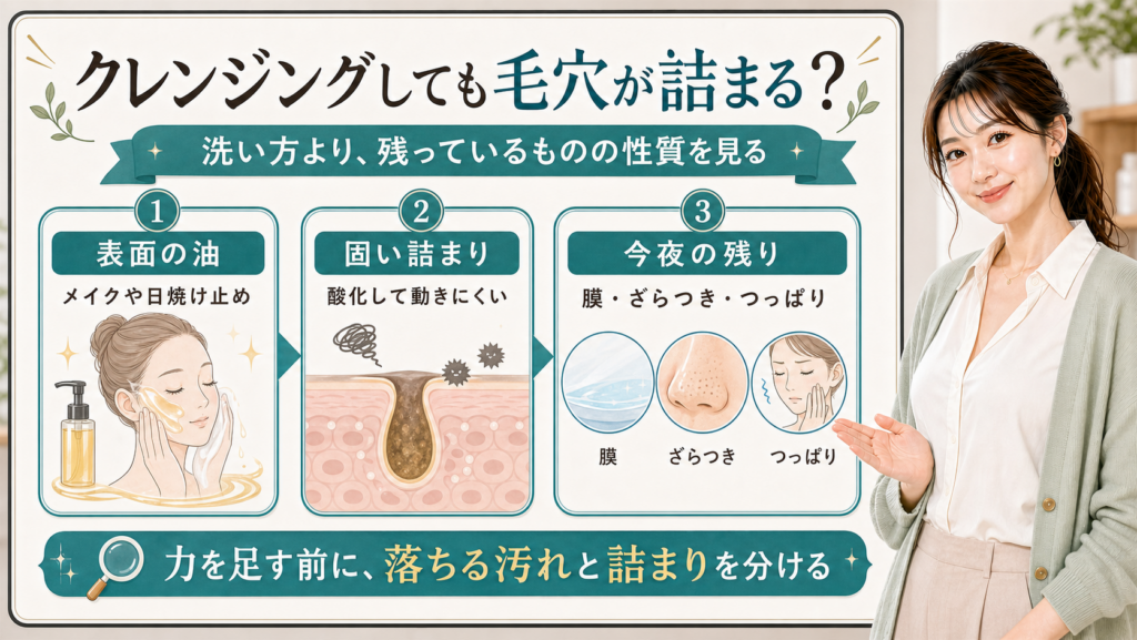 クレンジングしても毛穴が詰まる理由を表面の油・固い詰まり・今夜の残りで説明する美容解説ボード