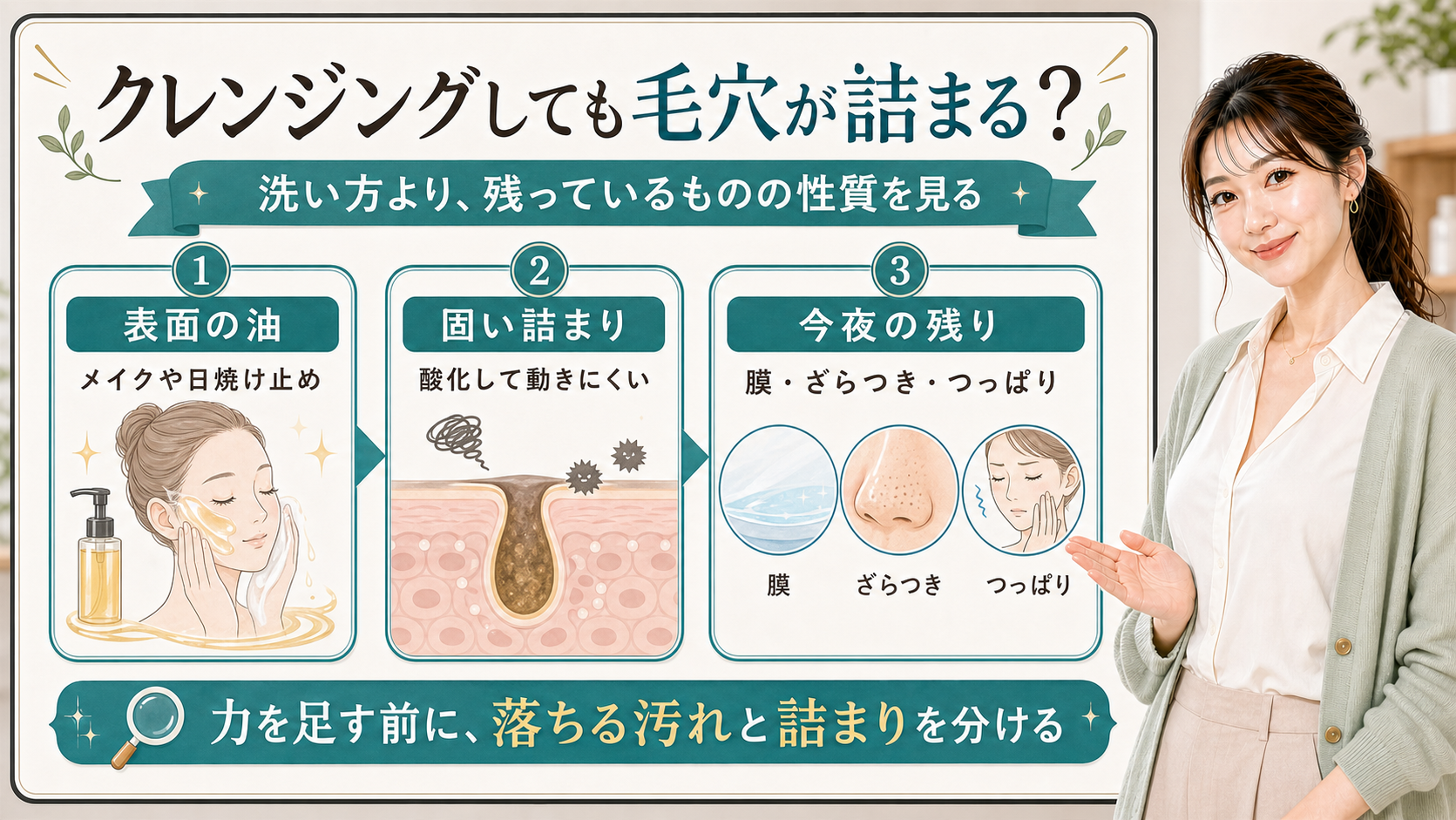 クレンジングしても毛穴が詰まる理由を表面の油・固い詰まり・今夜の残りで説明する美容解説ボード