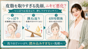 皮脂を取りすぎる洗顔とニキビ悪化をつっぱり・跳ね返り・48時間後で説明する美容解説ボード